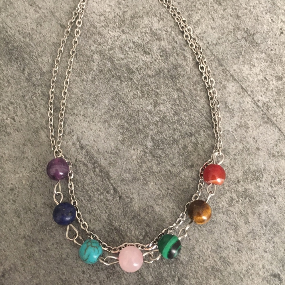 7 Chakra Anklet w/Natural Stones - Stainless Steel - Picture 3 of 8